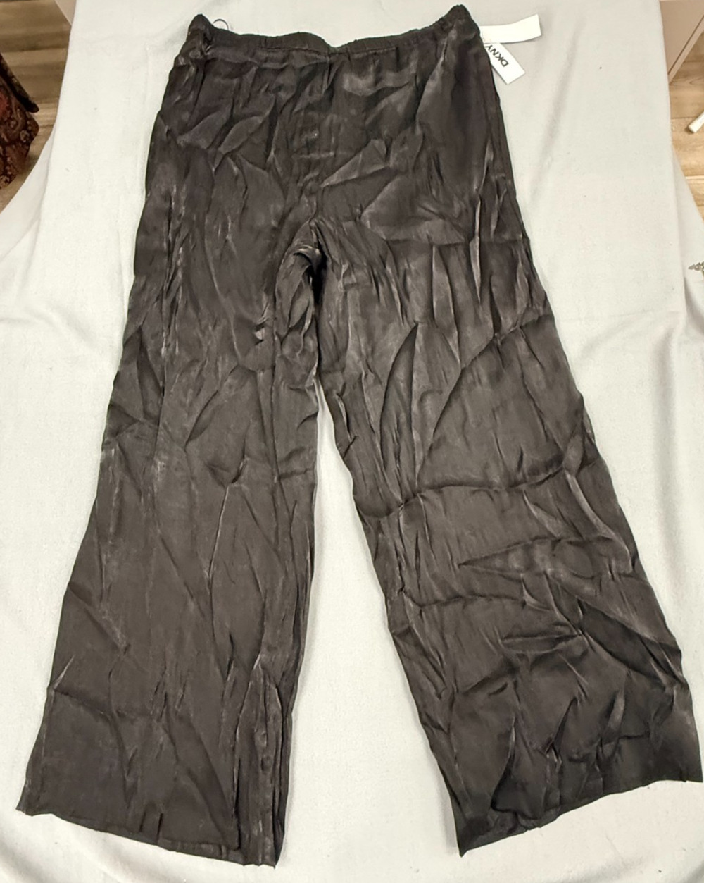 DKNY Wide Leg Pants Women XL Black Satin Crinkle Elastic Waist Casual Luxury NWT